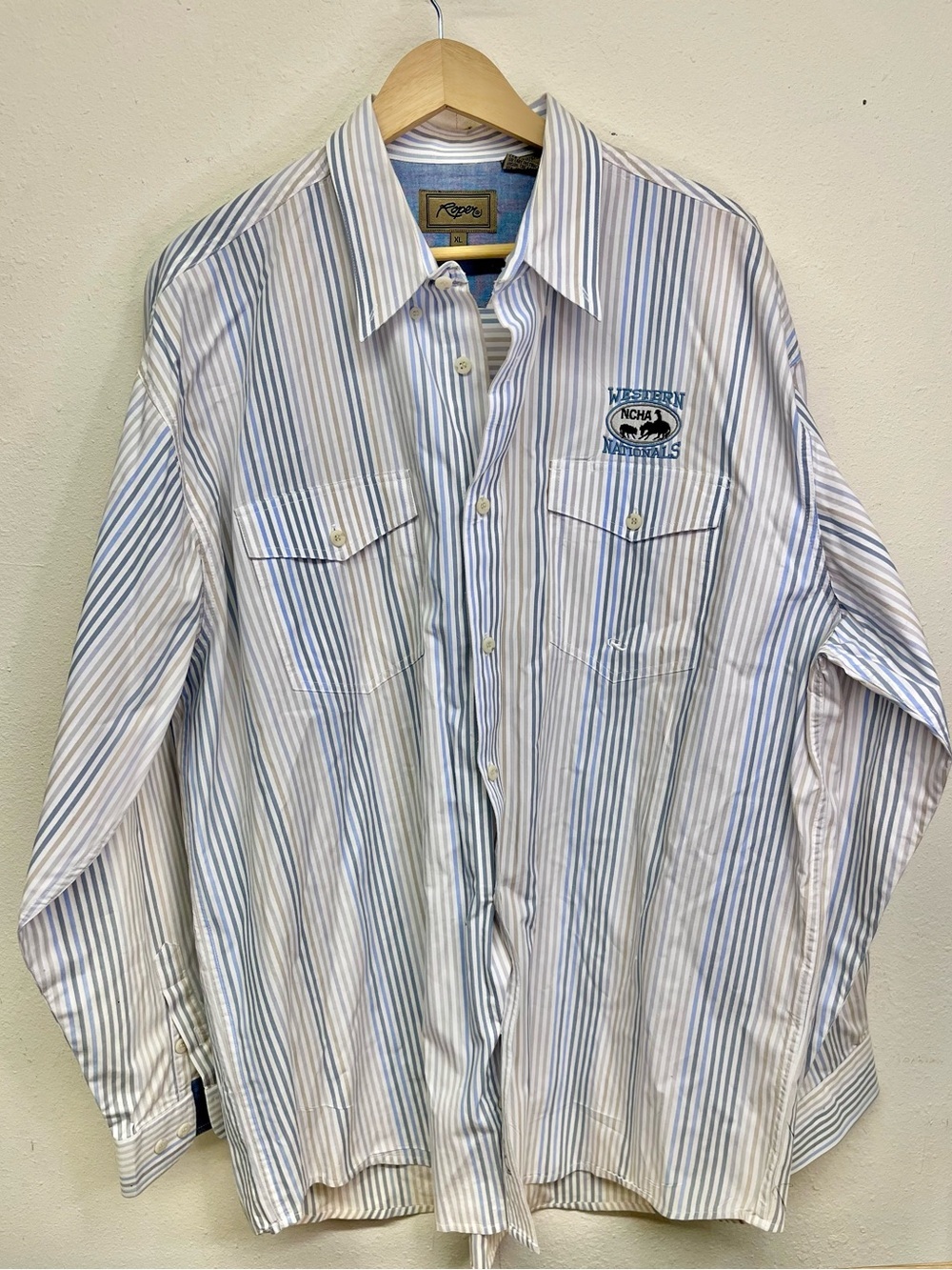 Roper Long Sleeve Button Up Shirt Stripes Blue NCHA Western National’s Size XL